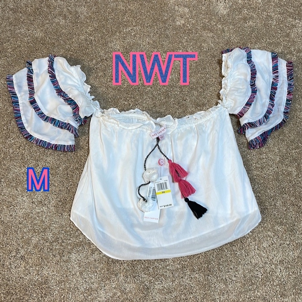 NWT (M) off shoulder crop tassels Pom poms embroidered tiered white peasant top